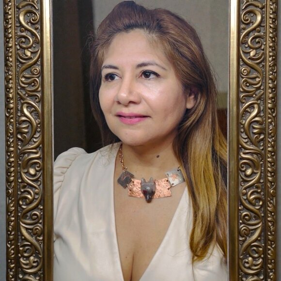 Handcrafted Bloodstone Wolf Necklace Upcycled Copper & Silver Statement Jewelry - Picture 6 of 15